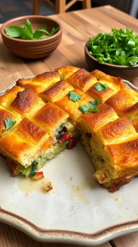 Savory Sandwich Bread Pudding Recipe Savory bread pudding with cheese and vegetables, served on a rustic plate in a cozy kitchen.